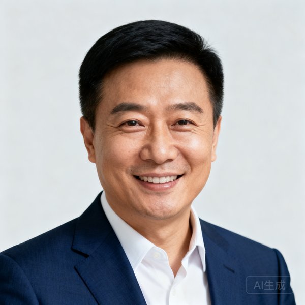 看球吧创始人兼CEO张磊，一位40岁左右的中国男性，穿着深蓝色西装，面带微笑